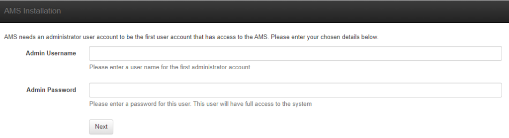 FİGURE 11: INSTALL AMS – CREATING ADMINISTRATOR ACCOUNT